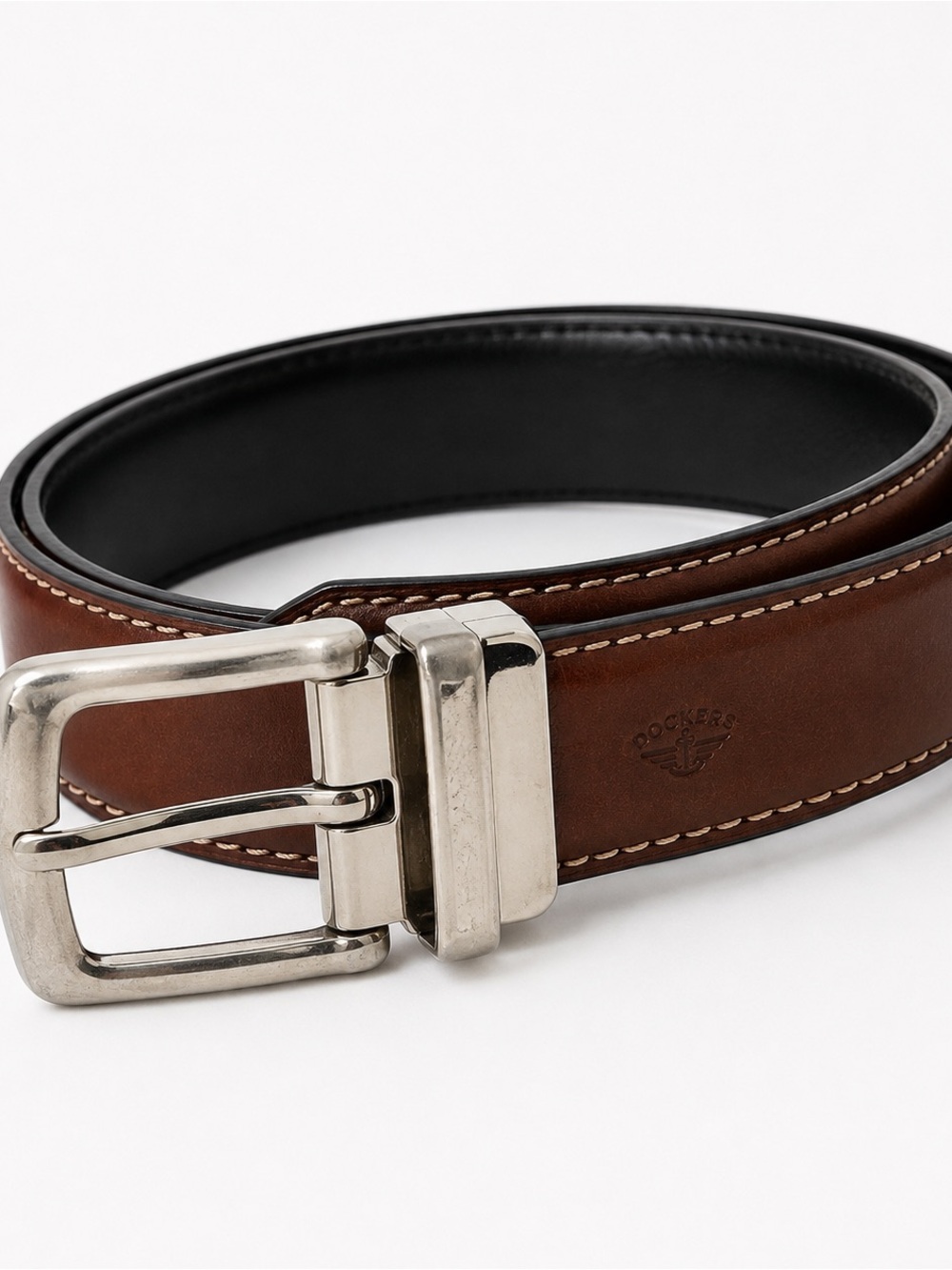 Dockers Reversible Brown & Black Leather Belt Silver Buckle Size 30/32
